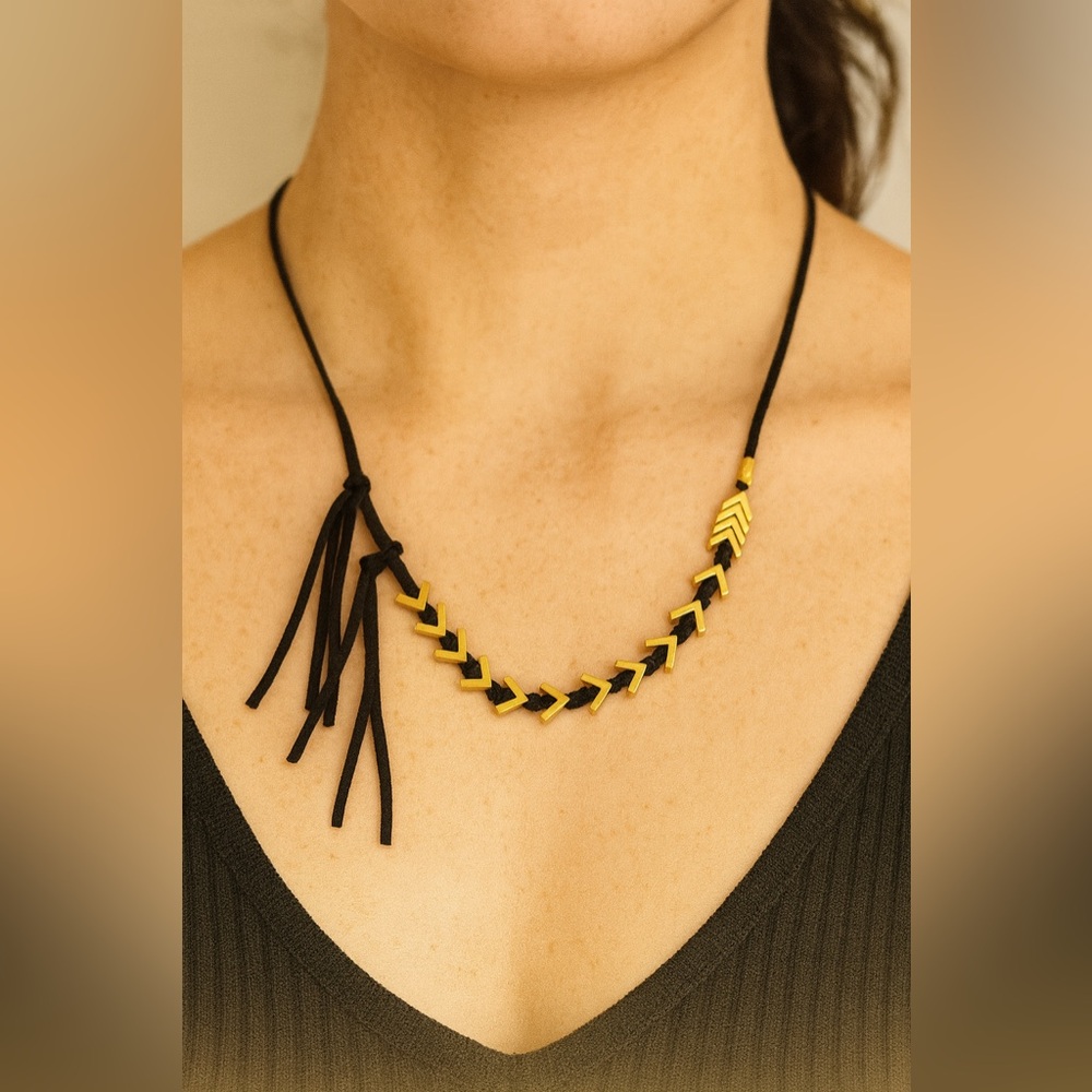 Madewell Elegant Leather Black and Gold Necklace